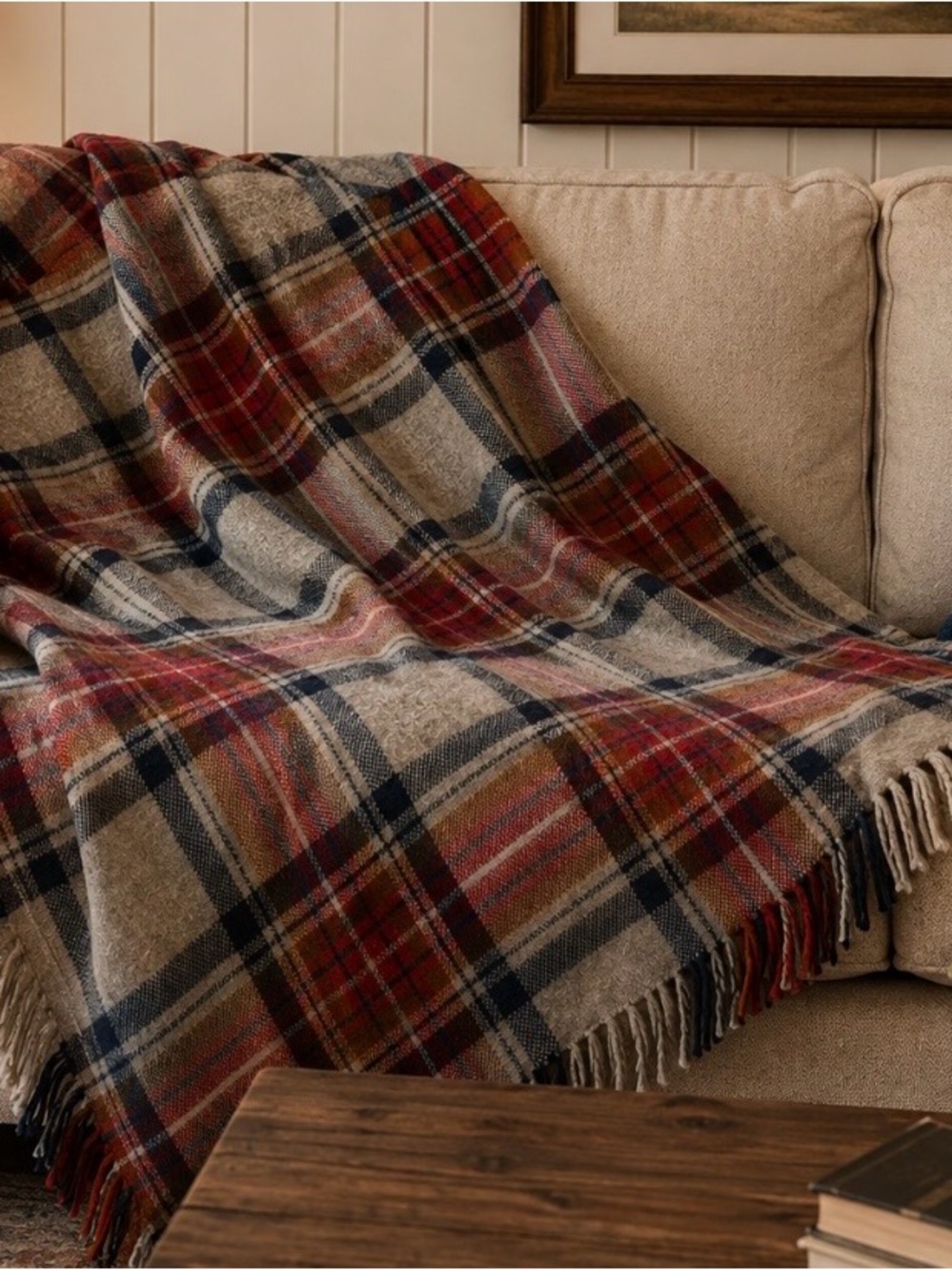 Pendleton Plaid 100% Wool Throw in Red, Navy & Cream with Fringe